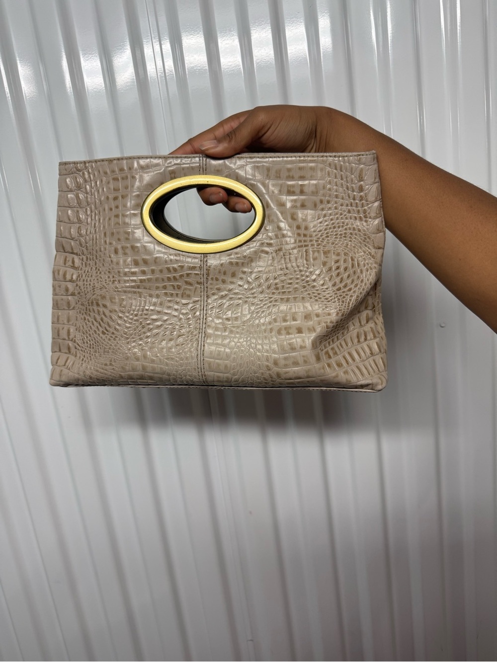 Beige Croc-Embossed Oval-Handle Clutch genuine Leather
